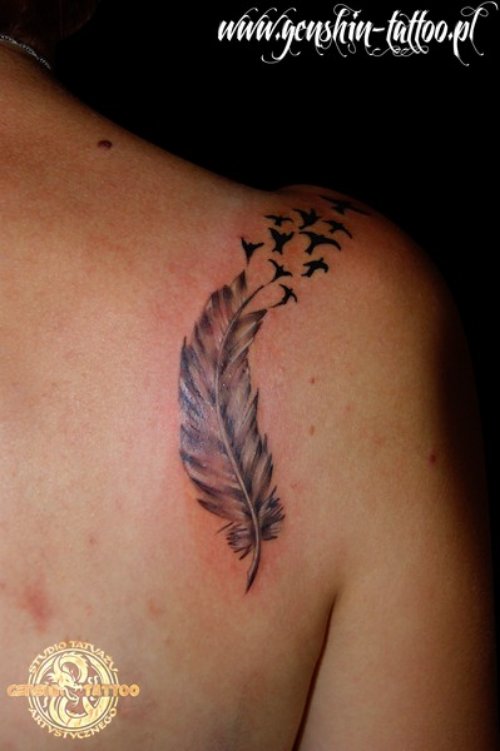 Flying Birds And Feather Tattoo On Shoulder