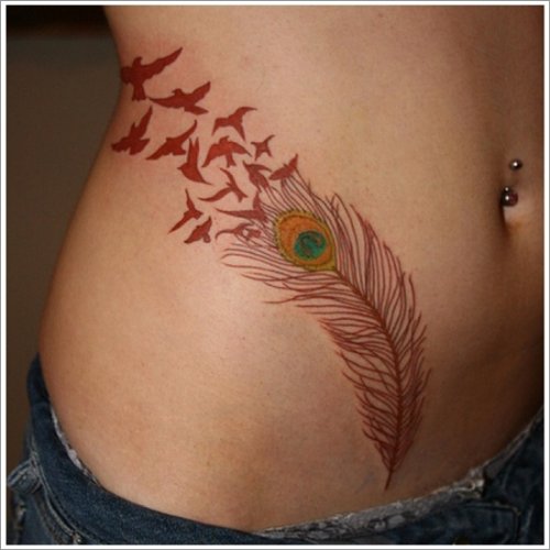 Red Flying Birds And Feather Tattoo On Hip