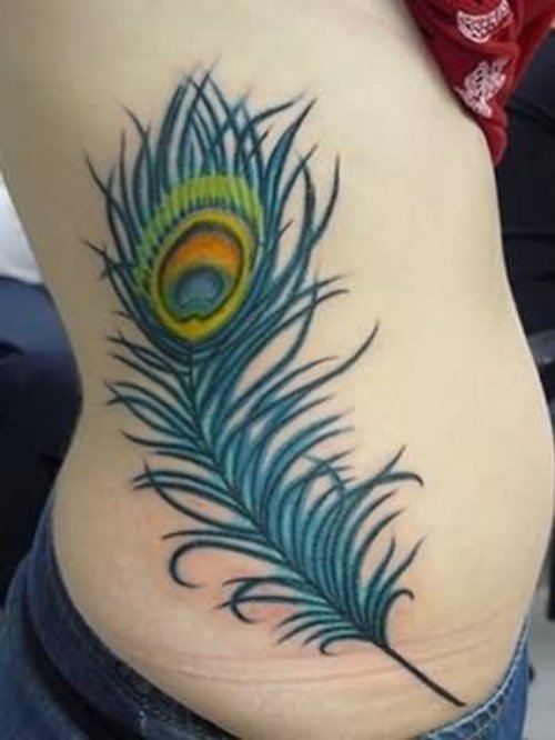 Feather Tattoo On Belly And Rib