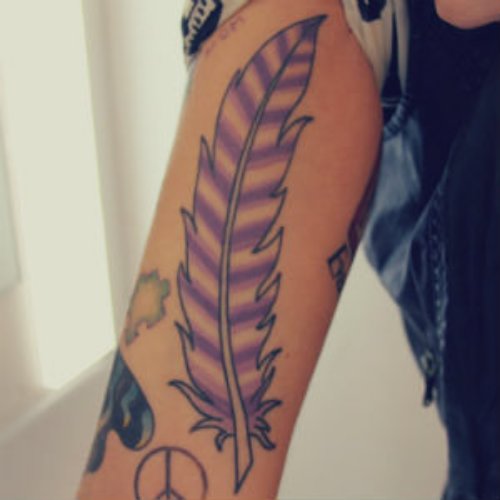 Attractive Colored Feather Tattoo On Half Sleeve