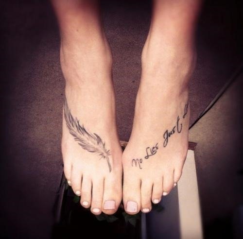 Feather and Lettering Tattoos On Feet