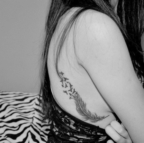 Birds And Feather Tattoo On Girl Hip