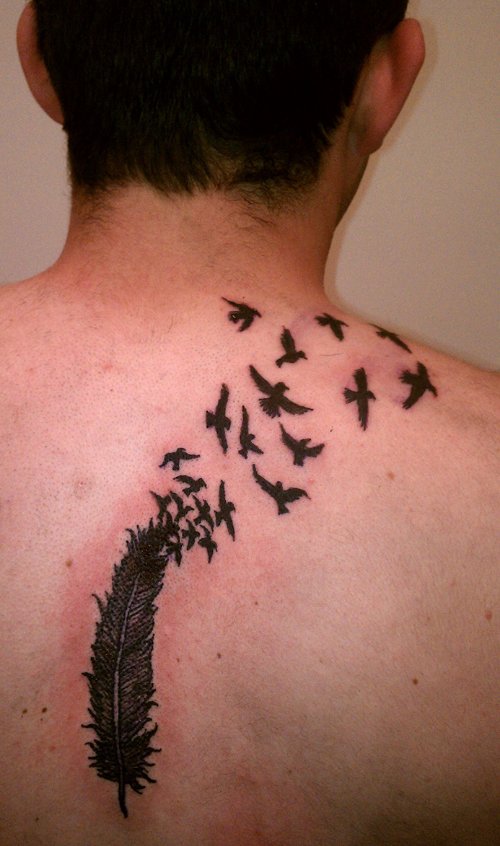 Birds Flying And Feather Tattoo On Back