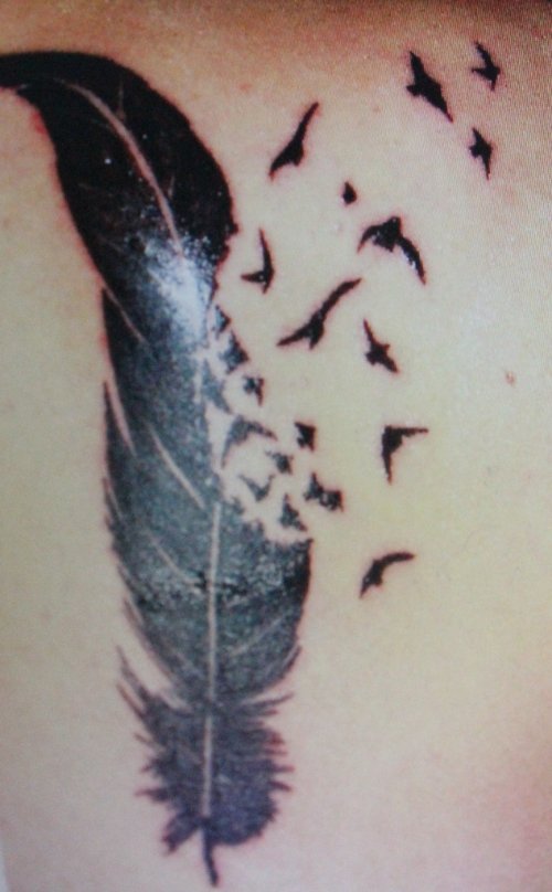 Flying Birds And Feather Tattoo