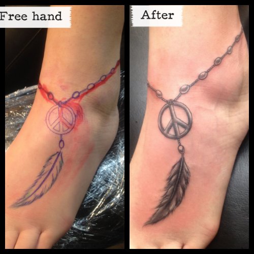 Feather And Peace Symbol Tattoo On Ankle