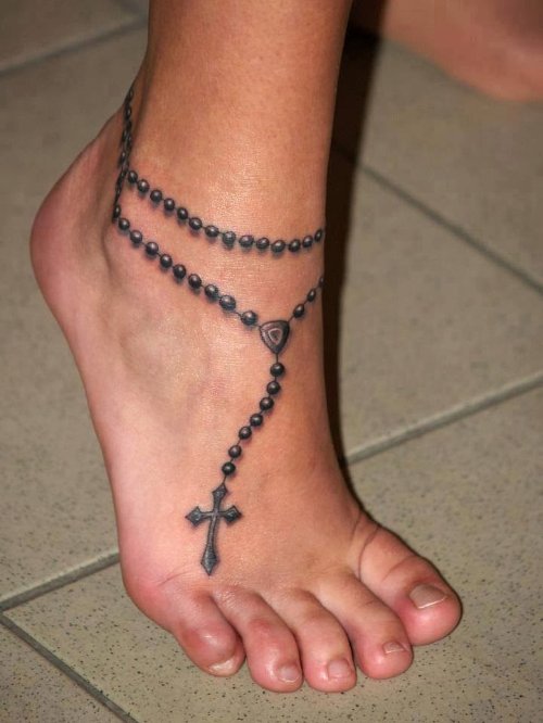 Awesome Cross Rosary Feet Tattoo