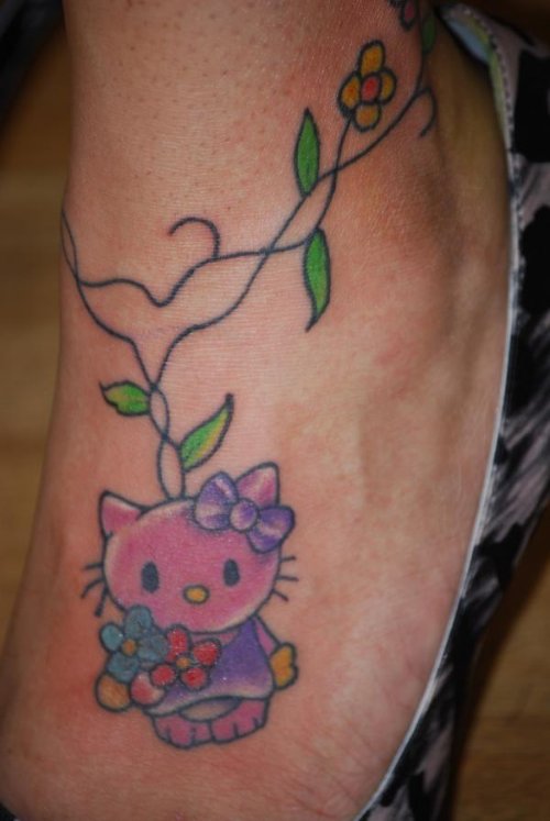 Color Ink Hello Kitty Tattoo On Foot