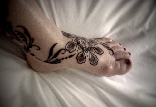 Black Ink Flowers Feet Tattoo