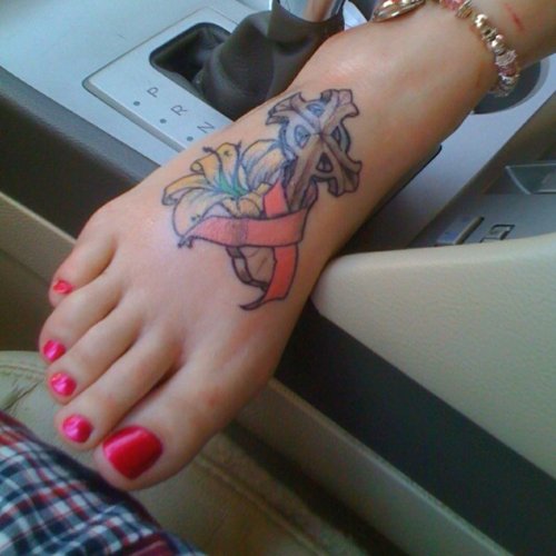 Color Ribbon and Cross With Flowers Feet Tattoo