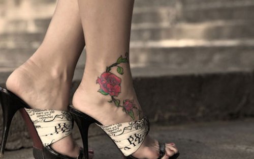 Red Rose And Feet Tattoo For Girls