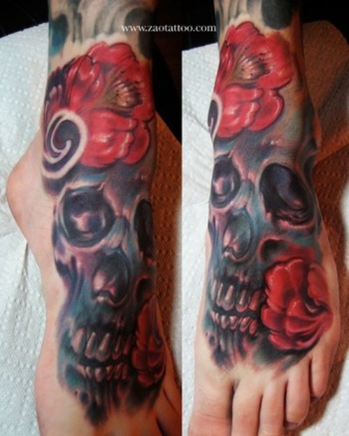 Color Skulls And Red Flowers Tattoo On Feet