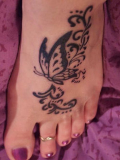 Black Ink Butterfly Feet Tattoo For Girls