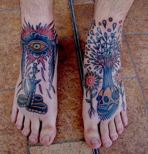 Color Ink Skull Tree And Eye Feet Tattoo