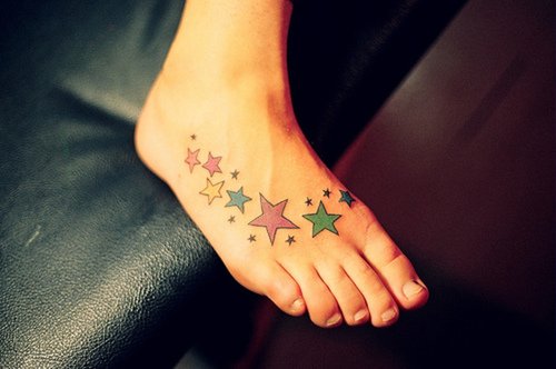 Cool Colored Stars Feet Tattoo For Girls