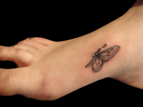Grey Ink Small Butterfly Feet Tattoo