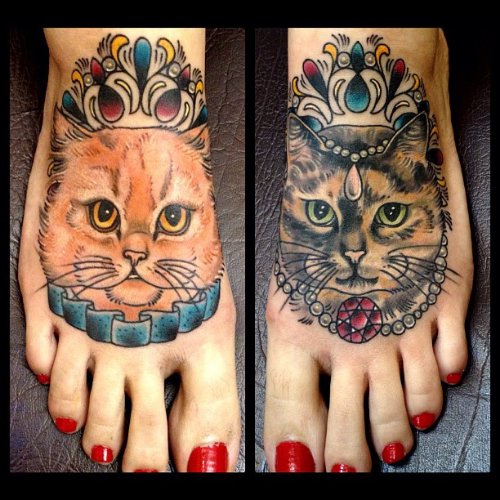 Banner And Cat HEads Feet Tattoos