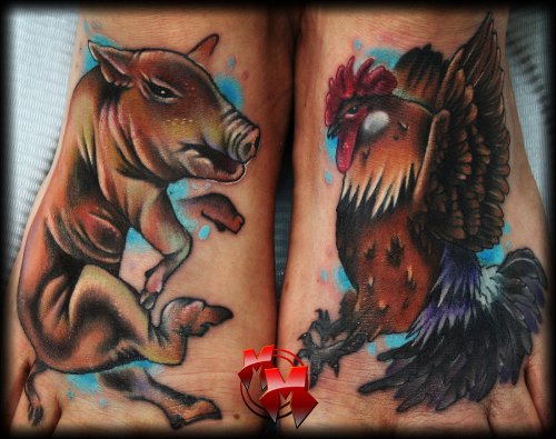 Pig And Rooster Feet Tattoo