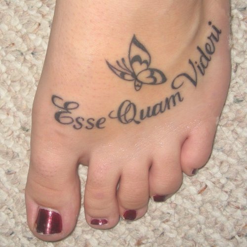 Butterfly And Lettering Feet Tattoo