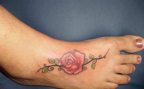 Red Rose Feet Tattoo For Girls