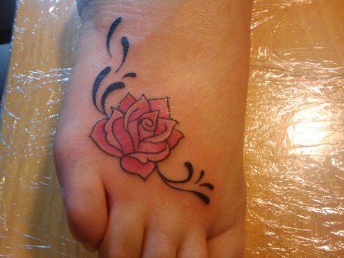 Black Tribal And Red Rose Feet Tattoo