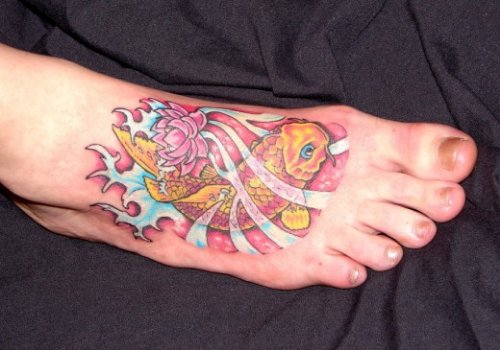 Colored Koi Fish Feet Tattoo