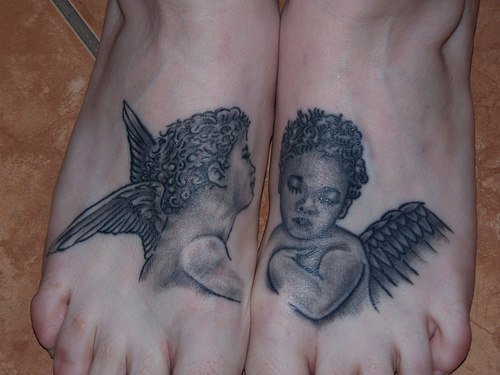 Grey Ink Cherub Angels Feet Tattoo