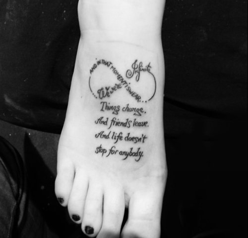 Lettering And Infinity Feet Tattoo