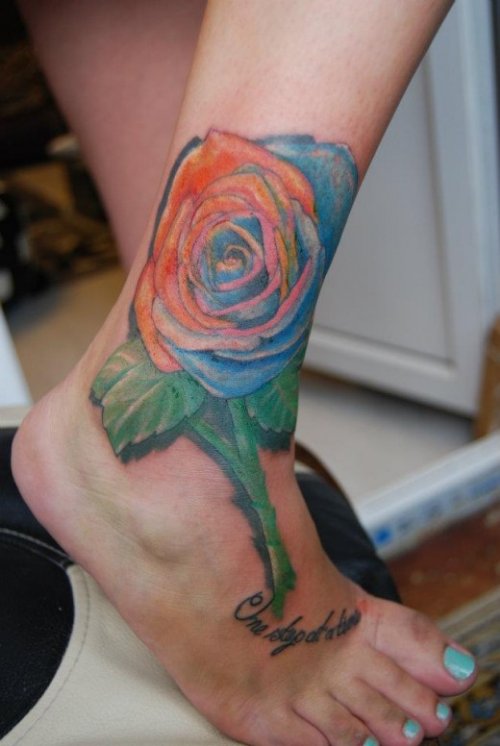 Rainbow Rose Flower Feet Tattoo