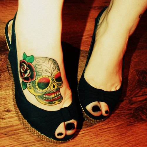 Sugar Skull And Rose Flower Feet Tattoo