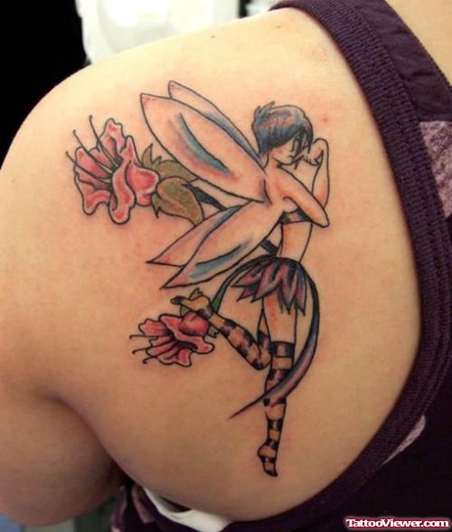 Red Flowers And Feminine Tinkerbell Tattoo On Back Shoulder