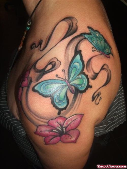 Flower And Butterflies Feminine Tattoo On Shoulder