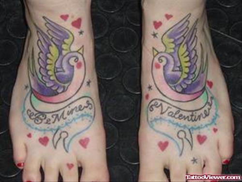 Flying Birds And Banners Feminine Tattoos On Both Feet