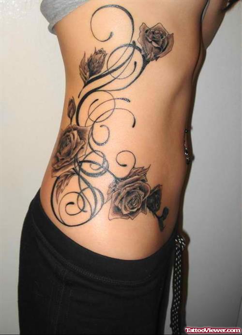 Grey Rose Flowers Feminine Tattoo On Side Rib