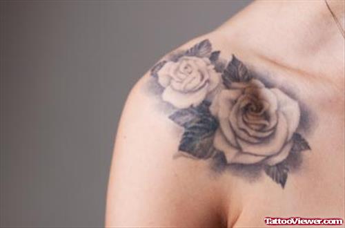 Grey Ink Rose Flowers Feminine Tattoo On Shoulder
