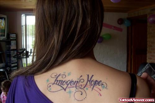 Hope Feminine Tattoo On Girl Upperback