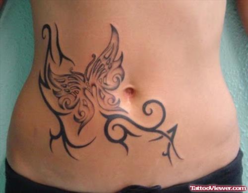 Tribal And Butterfly Feminine Tattoo On Hip