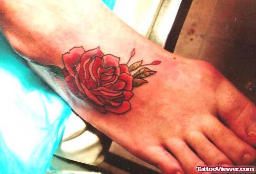 Red Rose Feminine Tattoo On Right Foot