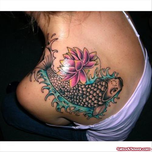 Lotus Flower And Koi Feminine Tattoo On Back