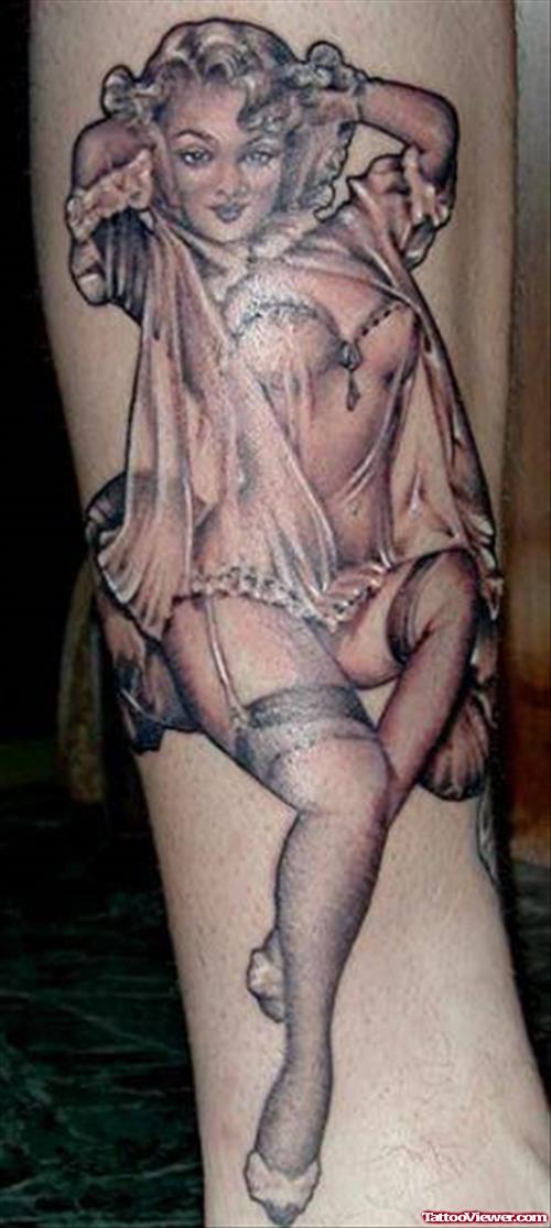 Grey Ink Pinup Girl Feminine Tattoo