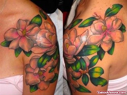 Pink Flowers Feminine Tattoo On Shoulder