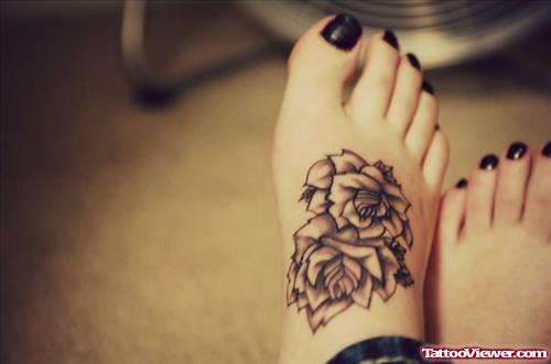 Grey Ink Flowers Feminine Tattoo On Right Foot
