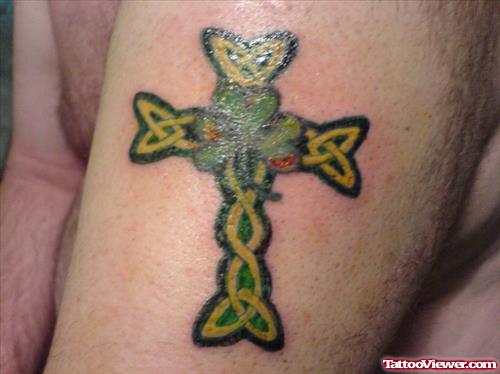 Clover Leaf And Celtic Cross Feminine Tattoo