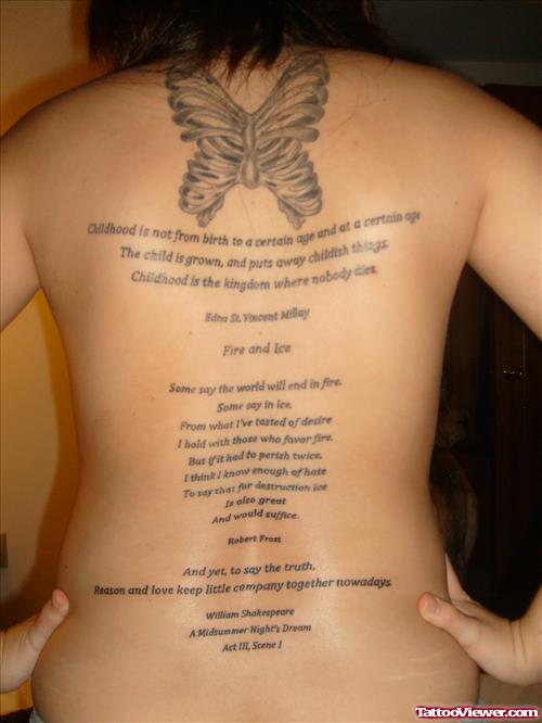 Grey Ink Butterfly And Lettering Feminine Tattoo On Back