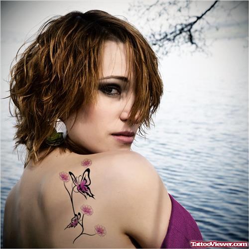 Colored Butterflies Feminine Tattoo On Back Shoulder