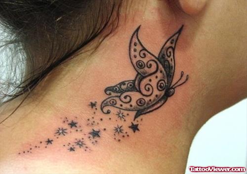 Grey Ink Butterfly Feminine Tattoo On Side Neck