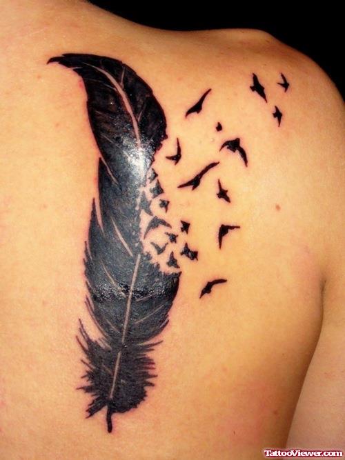 Flying Birds And Feather Feminine Tattoo On Back