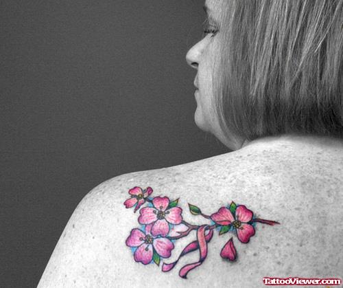 Cherry Blossom Flowers Tattoos On Back Shoulder