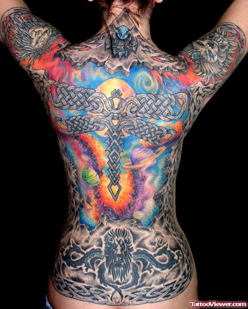Colored Feminine Tattoo On Back