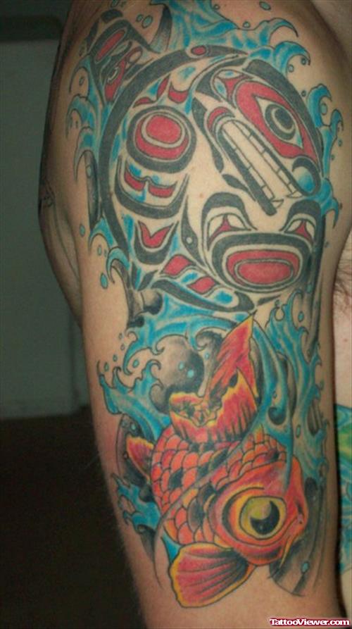Aztec Fish And Koi Feminine Tattoo On Half Sleeve
