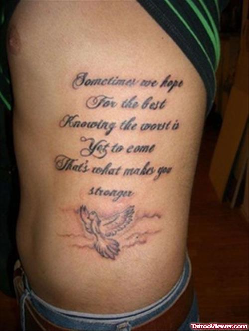 Flying Dove And Quote Rib side Feminine Tattoo